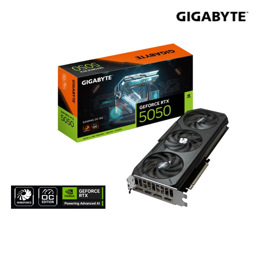VGA 8GB RTX 5050 Gigabyte Gaming OC; GDDR6; Core Clock 2632; CUDA: 2560; PCI-E 5.0; ATX; PSU: 550W; 2 x HDMI 2.1b + 2 x DP 2.1; 3 FAN; 3Y (GV-N5050GAMING OC-8GD)