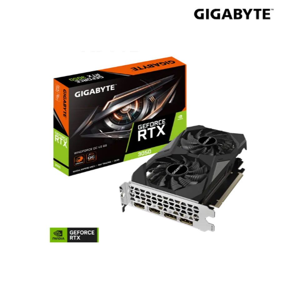 VGA RTX 3050 6GB GDDR6 Gigabyte WINDFORCE OC; Core Clock 1477; CUDA: 2304; PCI-E 4.0; ATX; PSU: 300W; 2 x HDMI + 1 DP; 2 FAN; 3Y(GV-N3050WF2OCV2-6GD)