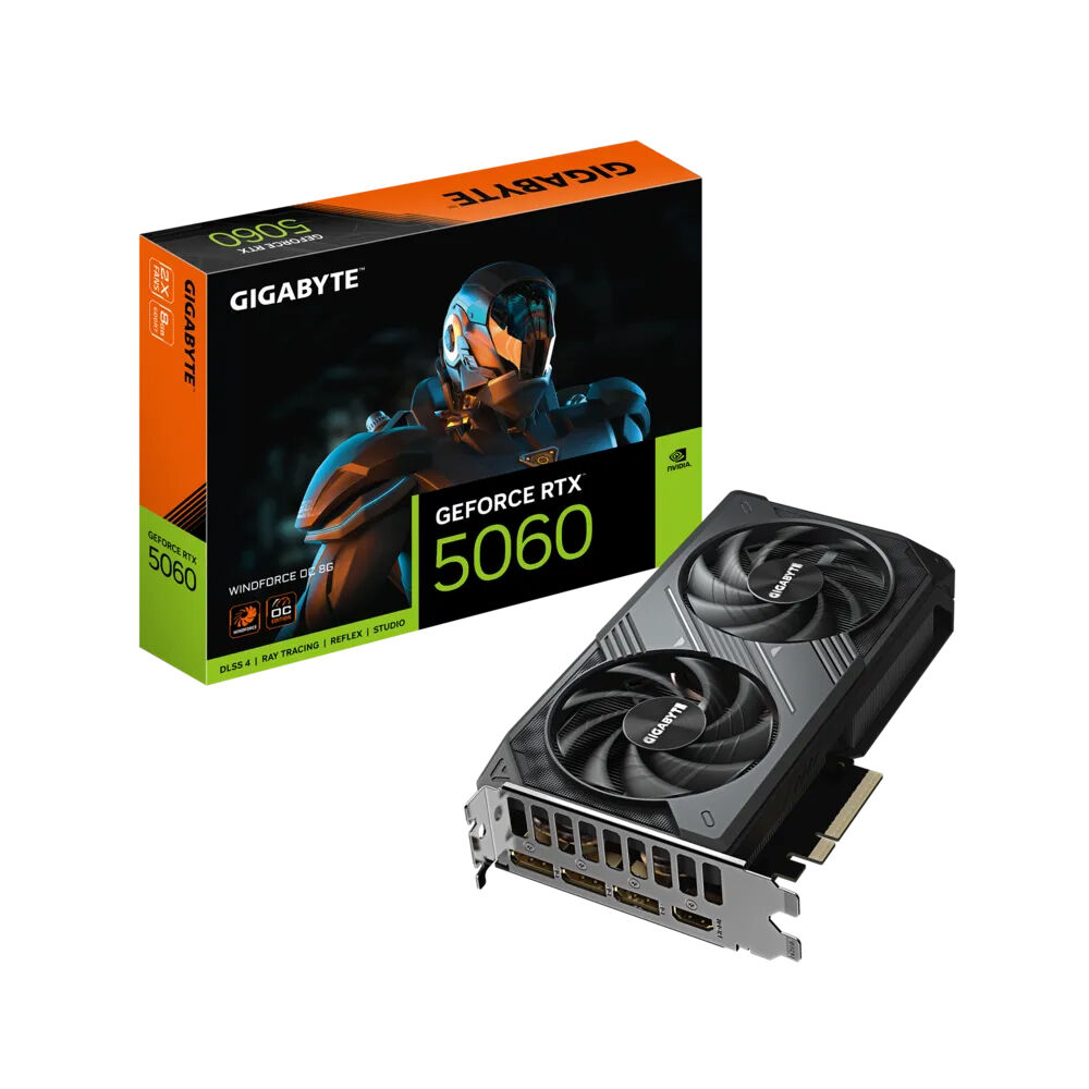 VGA RTX 5060 8GB GDDR7 Gigabyte WindForce OC; Core Clock 2512; CUDA: 3840; PCI-E 5.0; ATX; PSU: 550W; 1x HDMI 2.1b + 3 x DP 2.1; 2 FAN; 3Y (GV-N5060WF2OC-8GD)