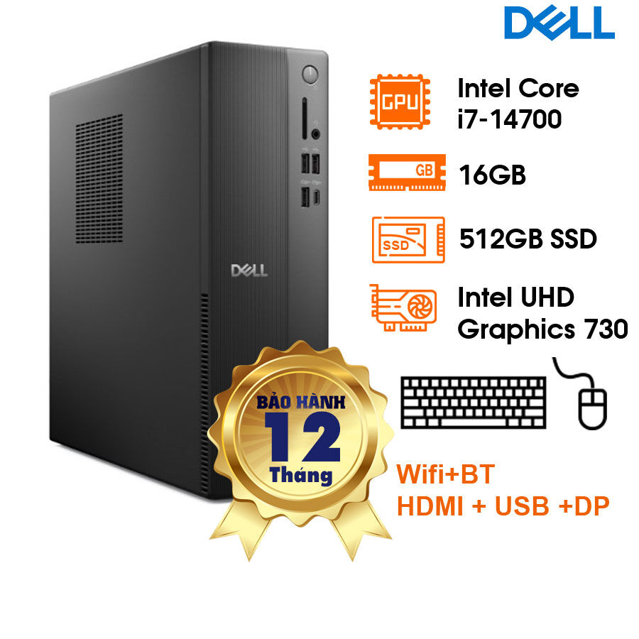 PC Dell Slim ECS1250 (8.5L) - i7-14700; 16GB DDR5-4800; 512GB SSD M.2 NVME; Intel UHD Graphics 730; Wi-Fi 6 + BT; DP 1.4 + HDMI 2.1; USB-C 3.2; LAN 1Gbps; 180W Bronze; KB216+MS116; W11 Home; 1Y (ECS1250-71066642)