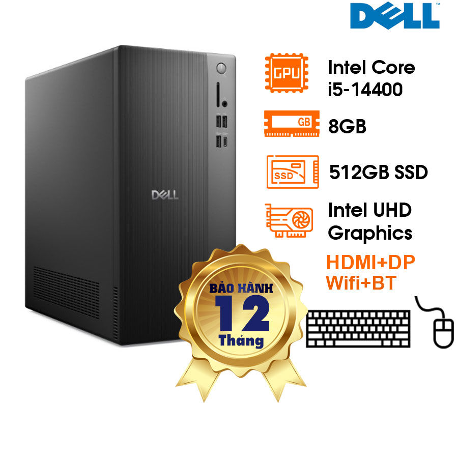 PC DELL Tower ECT1250 (14.6L), i5-14400, 8GD5. 512GSSD, BT, KBCopilot+M, Wifi6+BT5.4, 2x USB 3.2 Gen 1 Type-A, 1x HDMI, 1x DisplayPort, 1x RJ45 (LAN), 2x PCIe X1, 1x PCIe X16, 1x M.2 2230 (with WLAN), 1x SATA, W11SL, 1Y Pro, ĐEN, (ECT1250-TFPC81)
