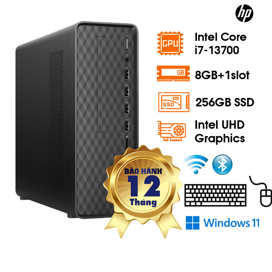 PC HP Slim Desktop S01 (7.8L) Intel Core i7-13700; H670; 8GB DDR4 bus 3200Mhz + 1 slot; 256GB SSD NVMe M.2 + 1slot SSD Sata; K&M HP125 usb; WF6 + BT5; 1 HDMI+ 1VGA; Win11H; 1Y (S01-PF3016D-8C5T0PA)