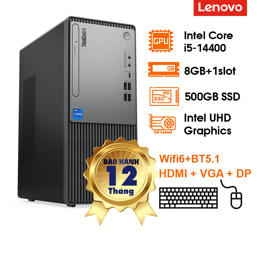 PC Lenovo ThinkCentre Neo 50T G5 (13.6L) Intel Core i5-14400; 8GD5 4800+ 1 slot; 512GB SSD M.2 2280 NVMe + 1 3.5 + 1 M.2; 180W; K&M; WF6 + BT5.1; 1 HDMI+ 1 DP+ 1VGA; Dos; 1Y (N50T-G5-12UB0004VA)