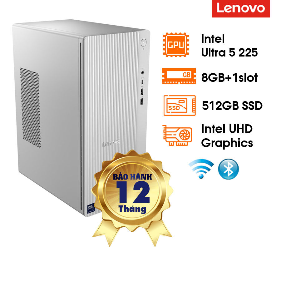 Lenovo Tower 17IAS10, Ultra 5 225 (E-cores up to 4.40 GHz, 20 MB), 8GD5 bus 5600, 1x512GB SSD M.2 2280 PCIe Gen4 QLC, Intel® Graphics, BT 5.+,WiFi 6 2x2 AX, 260W, DOS, 1Y, Cloud Grey, (17IAS10-91B10018VN)