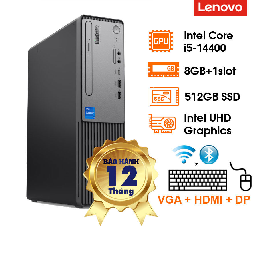 PC Lenovo ThinkCentre Neo 50S Gen 5 12XD002GVA (8.5L)- Black - i5-14400; 8GD5 bus 4800 + 1 slot; 512GB SSD M.2 2280 + 1 2.5, 3.5; Lan+ WF6+ BT5.0; K&M; Dos; 1Y; 1GVA + 1HDMI + 1DP (12XD002GVA)