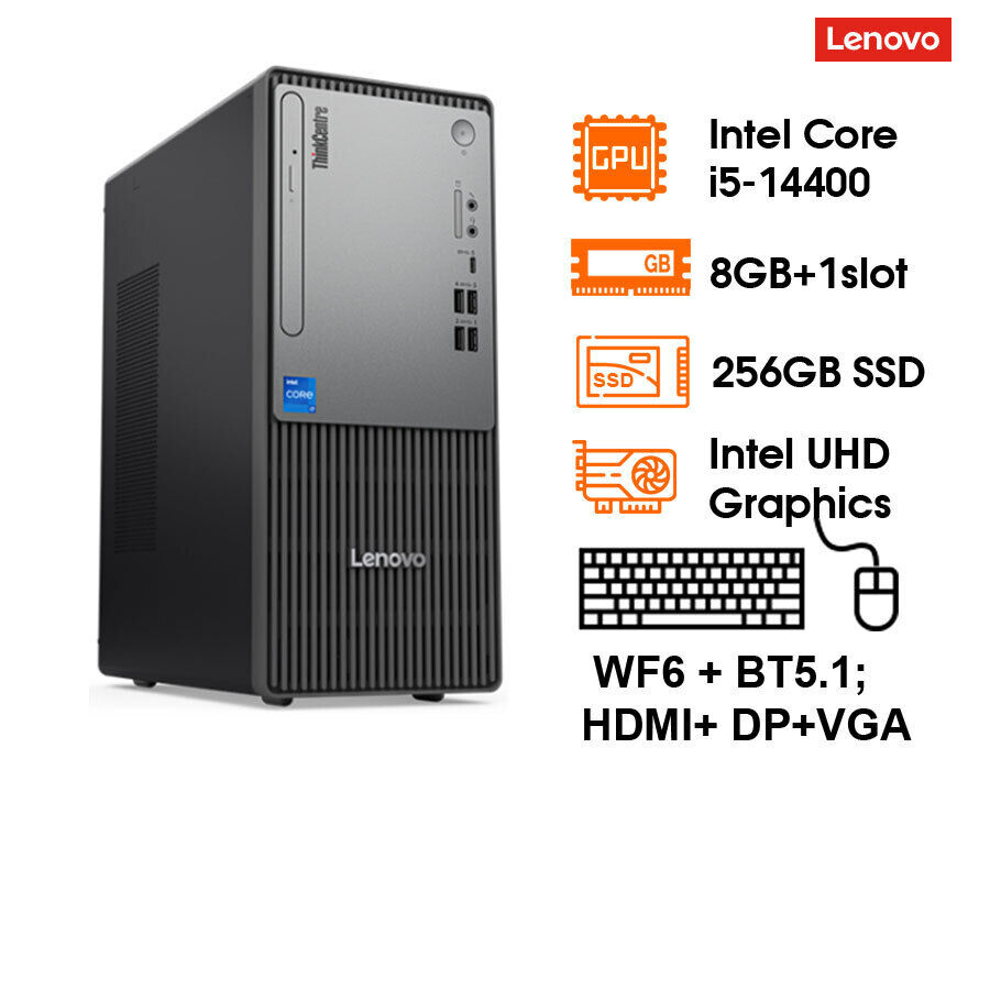 PC Lenovo ThinkCentre Neo 50T G5 (13.6L) Intel Core i5-14400; 8GD5 4800+ 1 slot; 256GB SSD M.2 2280 NVMe + 1 3.5 + 1 M.2; 180W; K&M; WF6 + BT5.1; 1 HDMI+ 1 DP+ 1VGA; Dos; 1Y (N50T-G5-12UB0005VA)