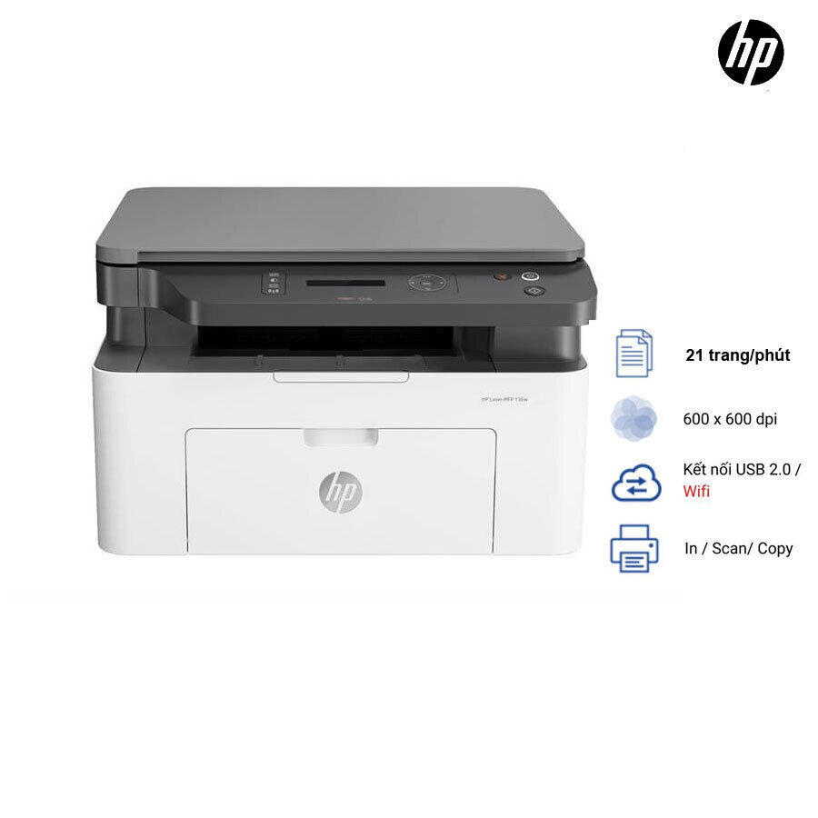 Máy in Laser đa năng HP 136w-4ZB86A (In, Copy, Scan); USB2.0 + Lan+ Wifi; A4 A5; 1200x1200; 21 trang/phút; Mực: HP110A; 1Y(136W-4ZB86A)