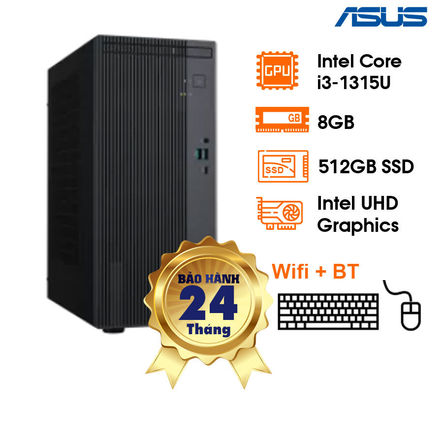 PC ASUS V500MV (15L), i3-1315U, 8GD5 bus 5600 (1x8GB) (up to 64GB), 512GB (Up to two drives, 2x M.2 SSD, M.2 2280 SSD up to 1TB each) +1 HDD 3.5, WiFi6+BT5, KB+M, 180W, W11H, xám, 2Y Onsite (V500MV-31315U053W)