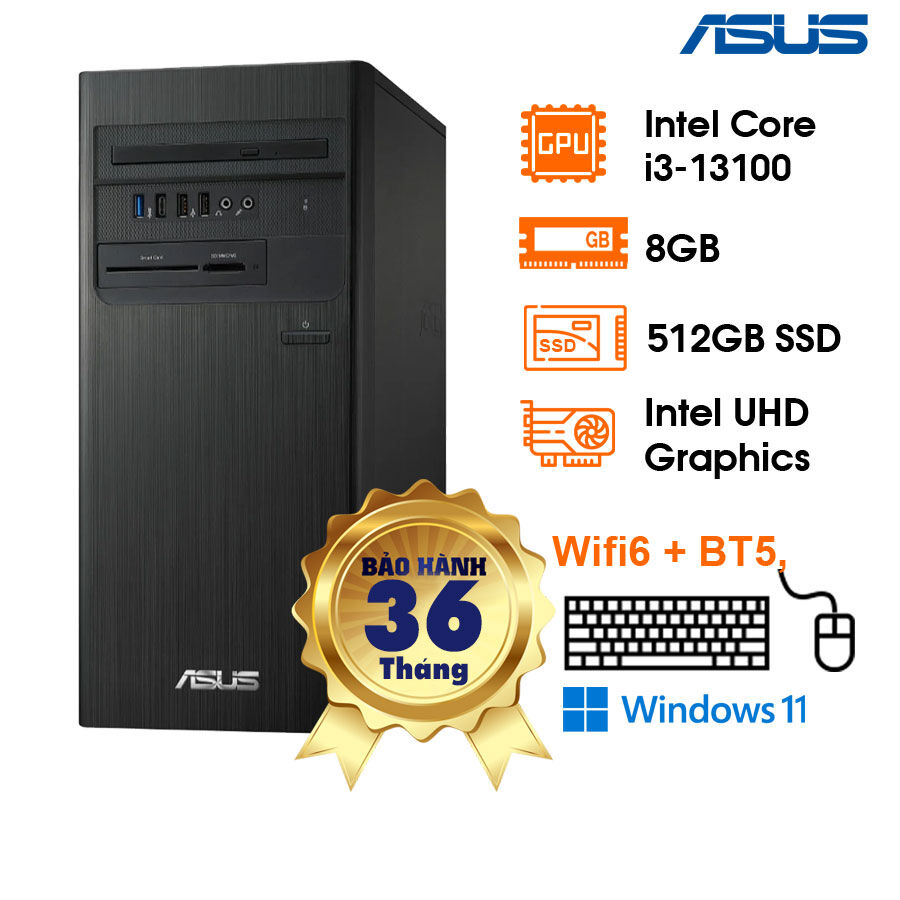 PC ASUS S500TE (27L), B760, i3-13100, 8GD4, 512GB SSD, TPM, Wifi6+BT5, KB + M, 300W. NOS, 3Y OSS, Đen (S500TE-313100021W)