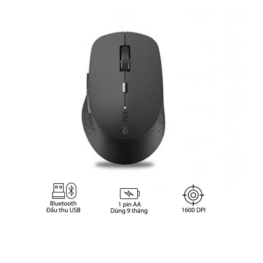 Chuột không dây Rapoo M300 Silent - màu xám đen - Wireless 2.4Ghz + Bluetooth 3.0 4.0; 1600DPI; 6 nút; MacOS iOS Android; 1*AA Alkaline