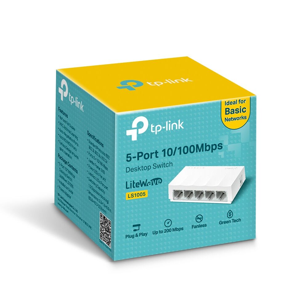 Switch để bàn TP-Link 5-port -10/100Mbps - Vỏ nhựa; vân trắng, không quạt yên tĩnh, 5VDC/0.6A; 2Y (LS1005)
