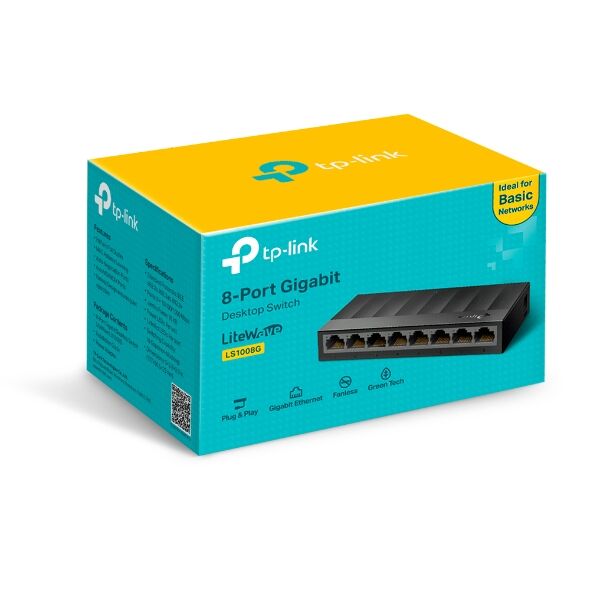 Switch để bàn TP-Link 8-port -10/100/1000Mbps - Vỏ nhựa; vân đen, không quạt yên tĩnh,9VDC / 0.6A; 2Y LS1008G)