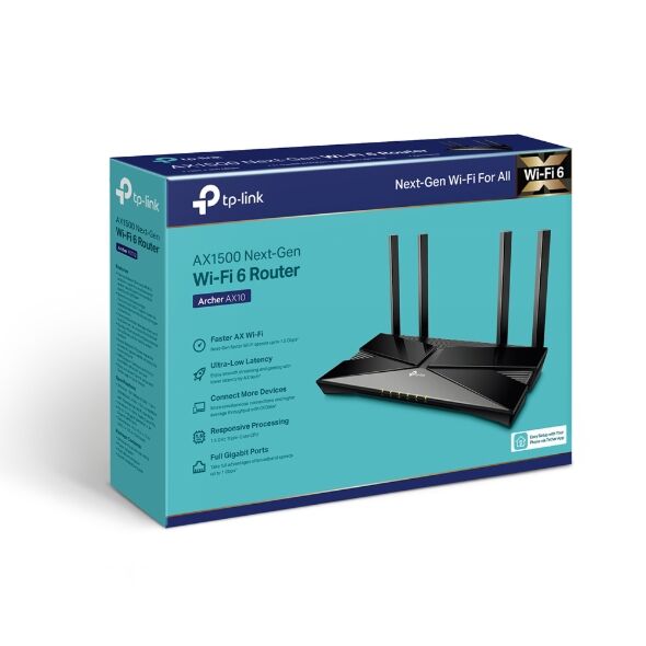 Router Wi-Fi 6 TP-Link Archer AX1500: 4 anten (5GHz: 1201Mbps+ 2.4GHz: 300Mbps); 1 Wan + 4 Lan 100/1000Mbps; MU-MIMO; 12VAC/1A; 2Y (ARCHER-AX10)
