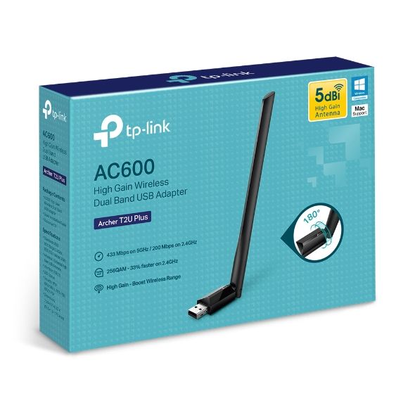 USB Wi-Fi TP-Link Archer T2U Plus - AC600 ; An-ten 5dBi; 600 Mbps (200 Mbps: 2.4 GHz, 433 Mbps: 5 GHz); Antena ngoài; WPA/WPA2 5dBi; USB 2.0; 2Y