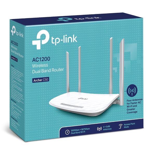 Router Wi-Fi 5 TP-Link Archer AC1200: 4 anten (5GHz: 867Mbps+ 2.4GHz: 400Mbps); 1 Wan + 4 Lan 10/100Mbps; MU-MIMO; 9V AC/0.85A; 2Y (ARCHERC50)