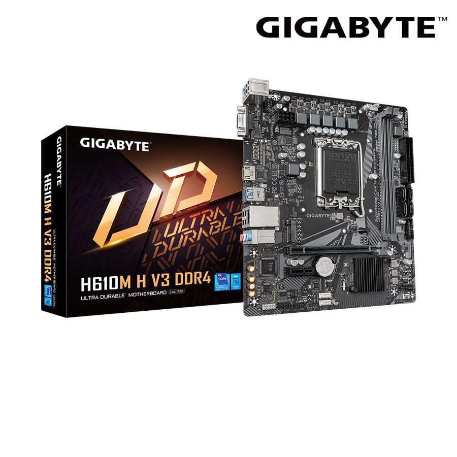 Mainboard Gigabyte H610M H V3 DDR4 : Intel H610; LGA1700(12+13+14th); 2xDDR4; Lan 1GbE; 1 M.2 2280 PCIe + 4 Sata; 1 HDMI + 1 VGA; mATX; 3Y (H610M-H-V3-DDR4)