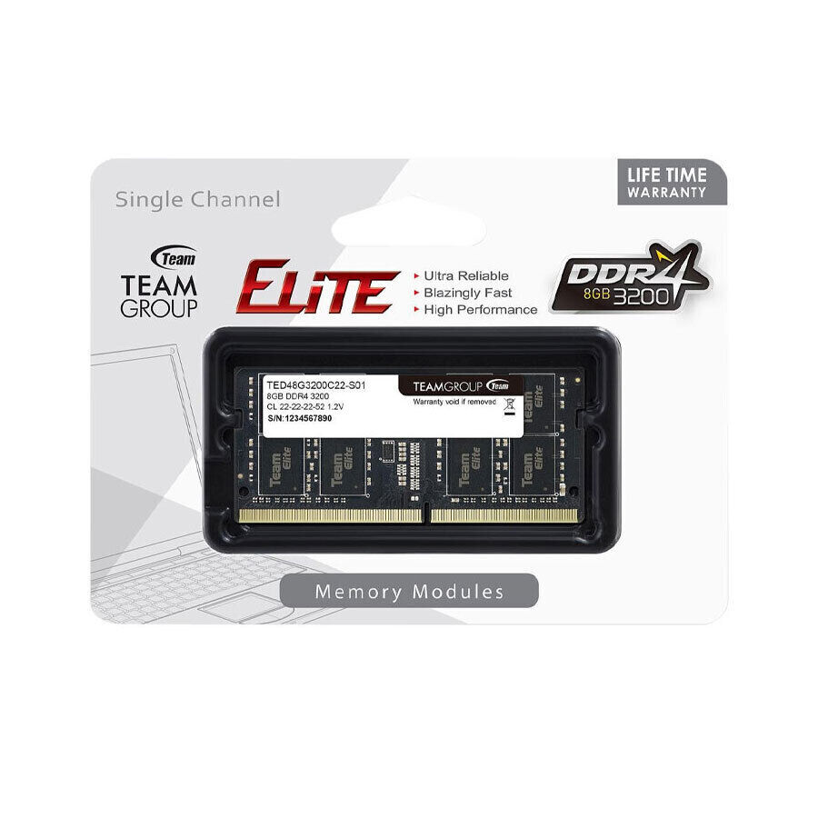 RAM 8GB SoDIMM DDR4 Team ELITE; 3200MT/s; CL22; 1Rx8; 1.2V; 5Y (TED48G3200C22-S01)