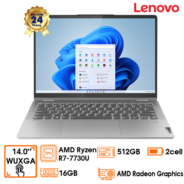 Laptop Lenovo IdeaPad Flex 5, 14” WUXGA, R7-7730U, 16GD4 (not upgradable), 512GB SSD (up to 1TB M.2 2242 SSD), Touch, Wifi6+BT5.3, PEN, W11SL, LKB, grey, 2Y (14ABR8-82XX00DLVN)