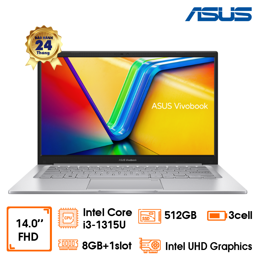 Laptop Asus Vivobook 14” FHD, i3-1315U, 8GD4 bus 3200 (up to 24GB), 512GB SSD, FP, Win 11, silver, 2Y (X1404VA-NK394W)