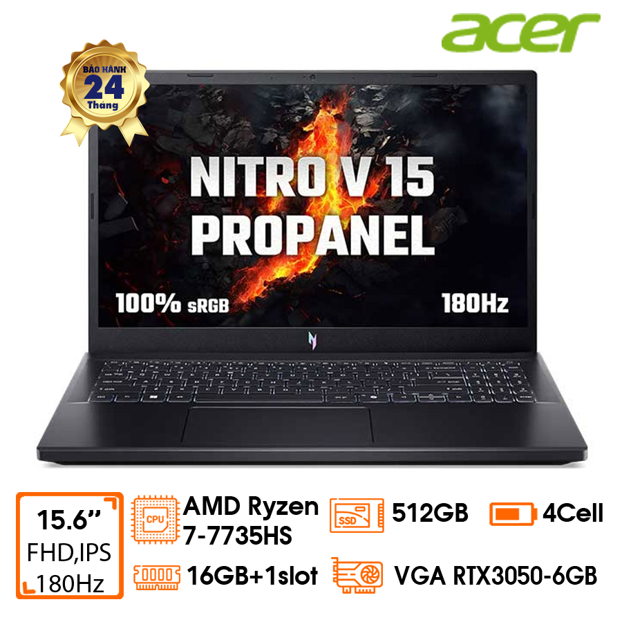 Laptop Acer Gaming Nitro V 15 ProPanel ANV15-41-R0FE - Black- 15.6 FHD IPS 180Hz; AMD Ryzen 7-7735HS; 16GD5 4800Mhz + 1 slot; 512GB SSD PCIe + 1 2.5+ 1 M.2; VGA RTX3050-6GB DDR6; Wifi 6 + BT5.1; LedKB; Polyc; Win11H; 2Y 3S1 (NH.QPFSV.005)