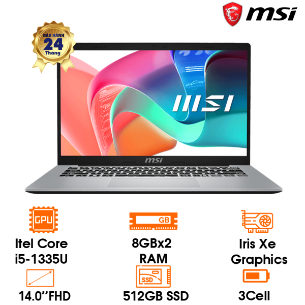 Laptop MSI Modern 14-Urban Silver-i5-1335U, 16GB (8GB*2) (up to 64GB), 512GB,14