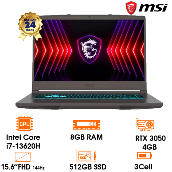 Laptop MSI Thin 15 B13UC-1411VN; 15.6 inch FHD 144Hz; i7-13620H; 8GB; 512GB; RTX 3050 4GB; 52.4Whr; Win 11; 1Y Pin+sạc; 2Y+balo; Cosmo gray (15-B13UC-1411VN)