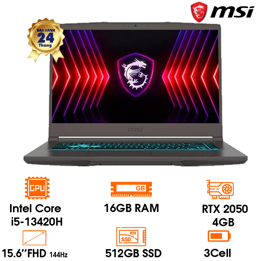 Laptop MSI Gaming Thin 15-B13UCX-2080VN; Core i5-13420H,16GB, 512GSSD,15.6FHD 144Hz, WL/BT, 53Whr, 4G_RTX 2050/, W11SL, LEDKB, XÁM, 1Y Pin+sạc, 2Y+balo (15-B13UCX-2080VN)