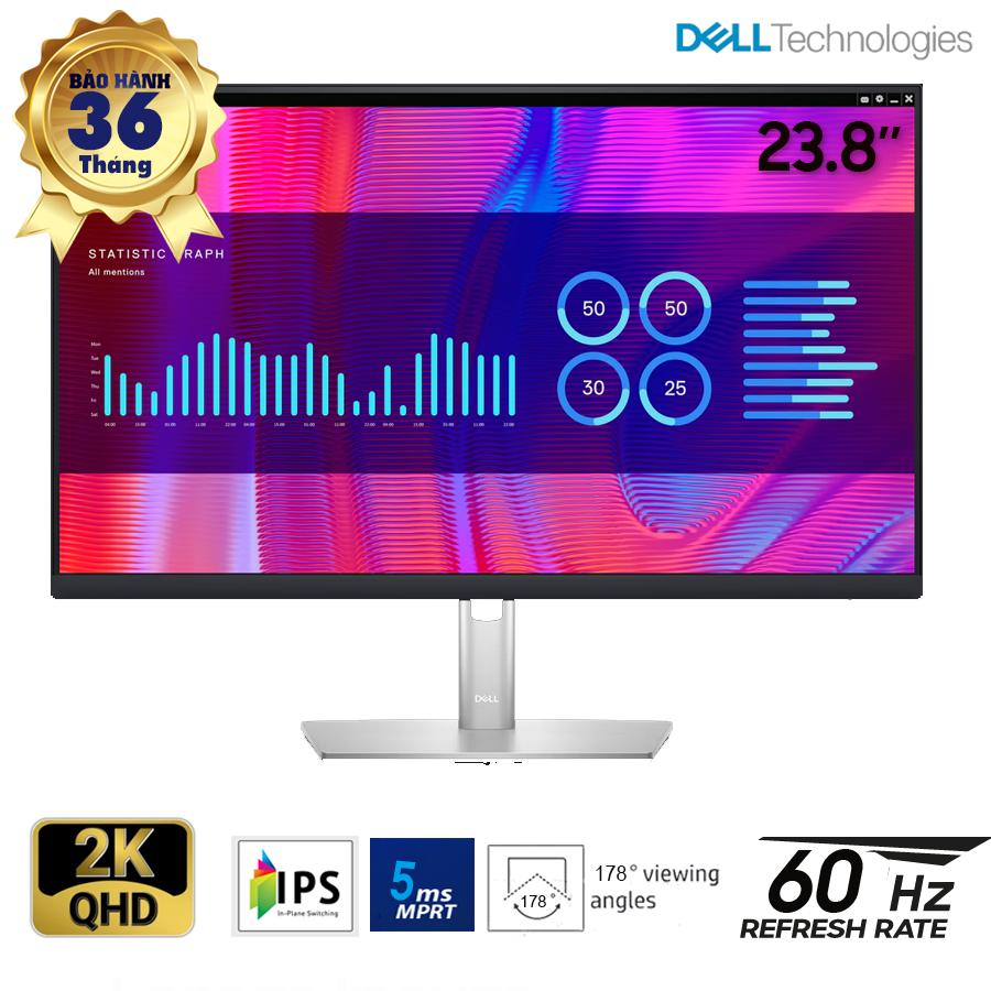 Màn hình Dell 23.8-inch P2423DE - IPS; QHD 2560x1440@60Hz; 300 nits; 5ms; USB-C 3.2 (upstream 90W) + 4*USB-A 3.2 Gen 1; VESA; HDMI 1.4 + DP 1.4; LAN + DP 1.4 (out ); cáp DP + C-to-C