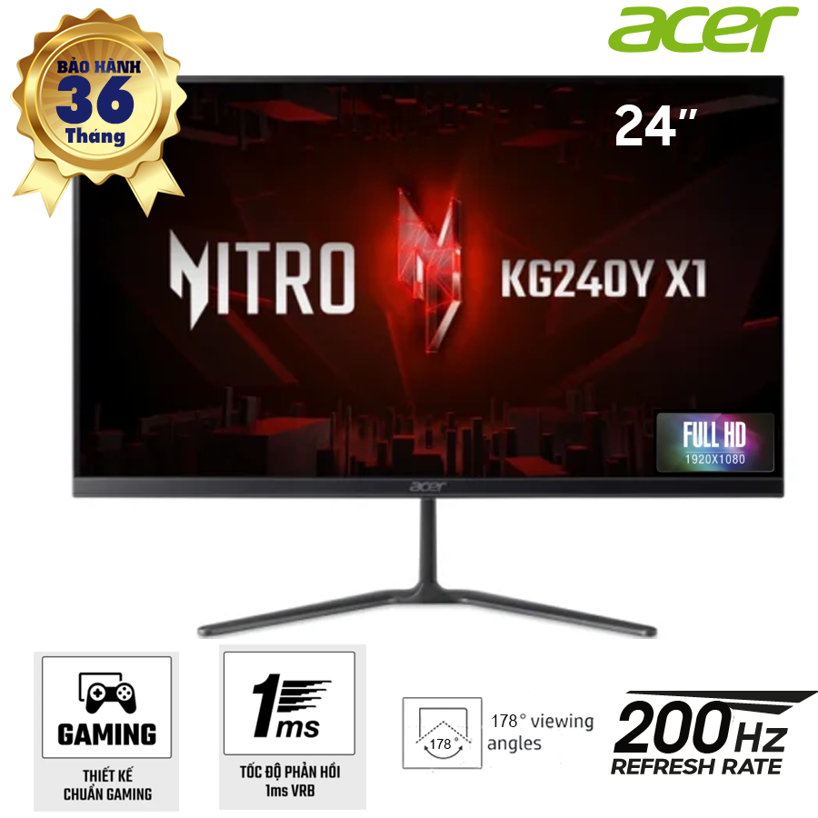 Màn hình Acer 24-inch Nitro KG240Y-X1: IPS FHD 200Hz; 1ms; 250cd/m2; 99% SGRB; 2xHDMI+ 1xDP; Black; 3Y 3S1(KG240Y-X1)