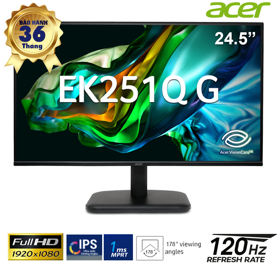 Màn hình Acer 24.5 inch EK251Q G - IPS; FHD; 250 nits; 120Hz; 1ms; VGA, HDMI; 3Y(EK251Q-G)