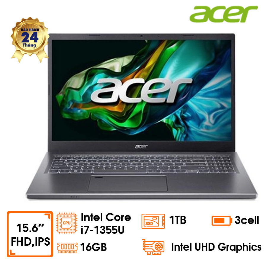 Laptop Acer Aspire 5 A515-58P-71EJ - Gray - 15.6 FHD IPS; i7-1355U; 16GD5 onboard 6400; 1TB SSD; Wifi6 Ax+BT5.1; Alu; Win11H; 1Y (NX.KHJSV.00A