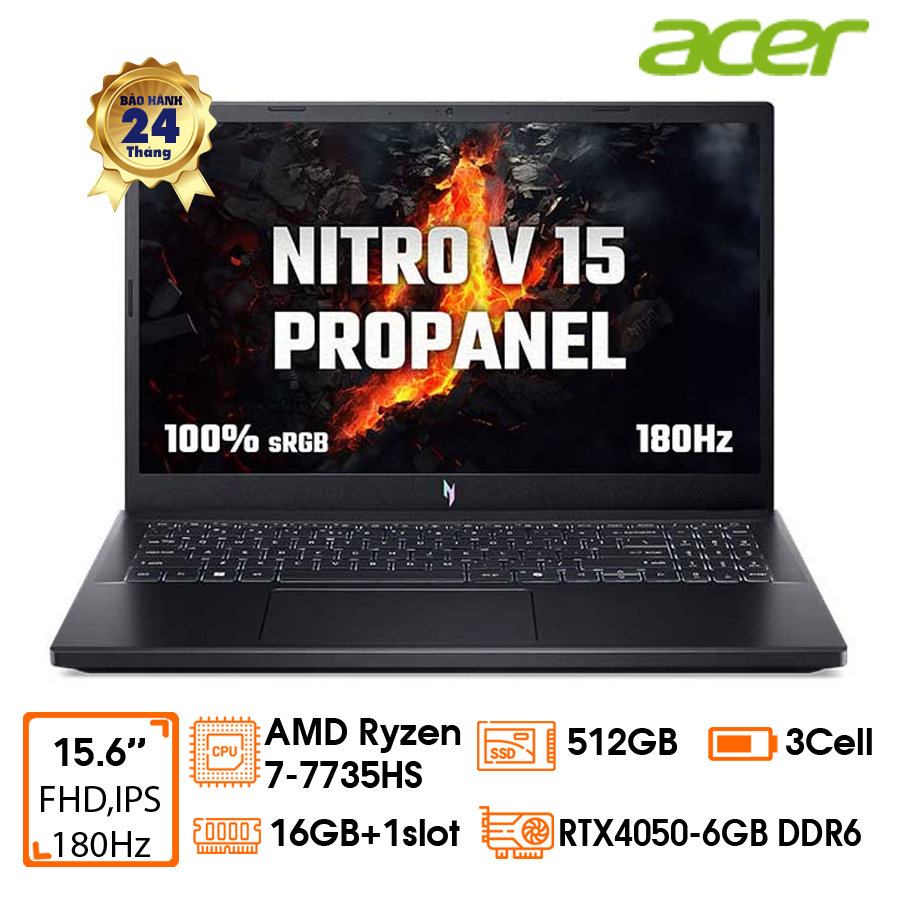 Laptop Acer Gaming Nitro V 15 ProPanel ANV15-41-R0Y4 - Black- 15.6 FHD IPS 180Hz; AMD Ryzen 7-7735HS; 16GD5 4800Mhz + 1 slot; 512GB SSD PCIe + 1 2.5+ 1 M.2; VGA RTX4050-6GB DDR6; Wifi 6 + BT5.1; LedKB; Polyc; Win11H; 2Y 3S1 (NH.QPESV.004