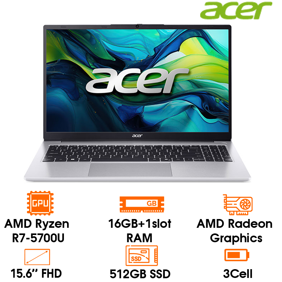 Máy tính xách tay Acer N24B4 AL15-41P-R3U5 R7-5700U; 16GD4 bus 3200 + 1slot; 512GB SSD; UMA; 15.6
