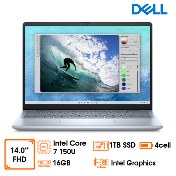 Laptop Dell inspiron 14 5440, 14.0FHD+ 16:10, Core7 150U, 16GD5, 1TSSD, FP, 4C54W, W11SL+OFFICE 24, LKB, PreS, Xanh (N5440-7FN5J)
