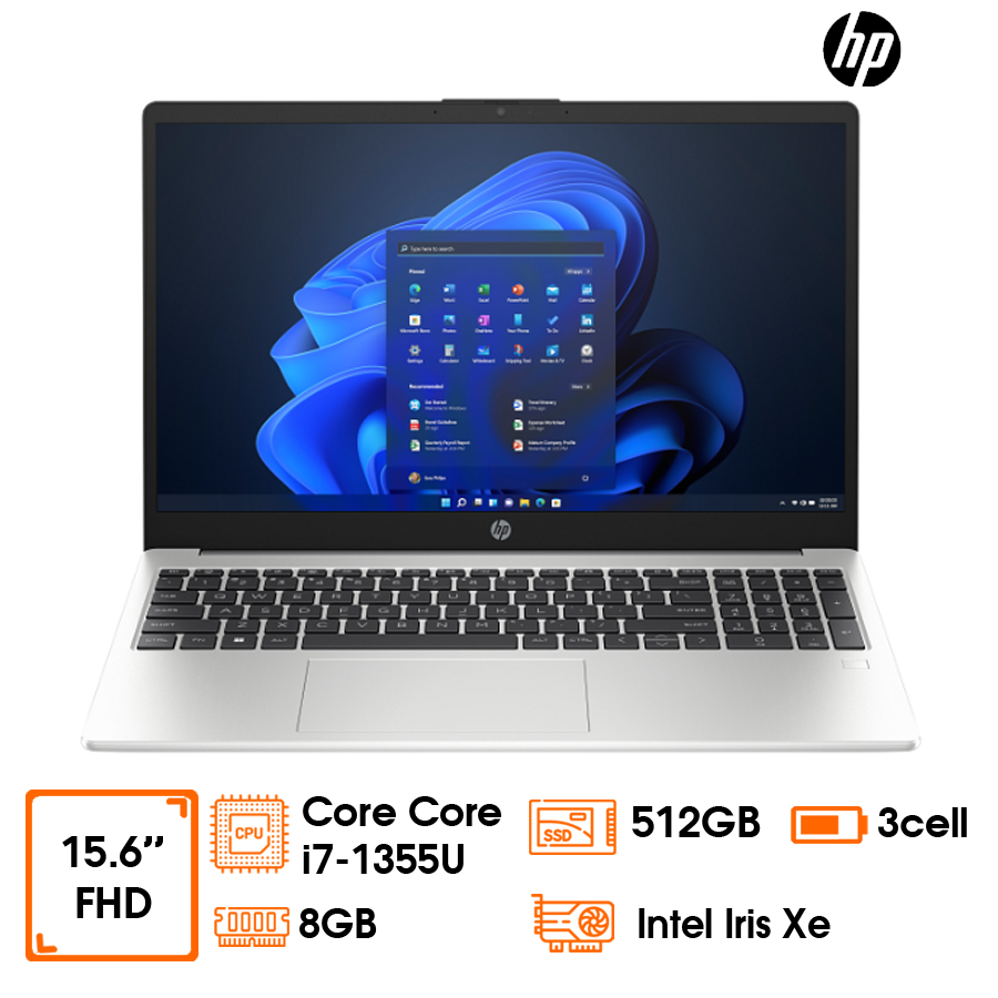 Laptop HP 250-G10-A06FDPT Intel Core i7-1355U; 8GD4 bus3200; 512GB SSD/15.6 FHD; Wifi6 + BT; Win11H; Silver
