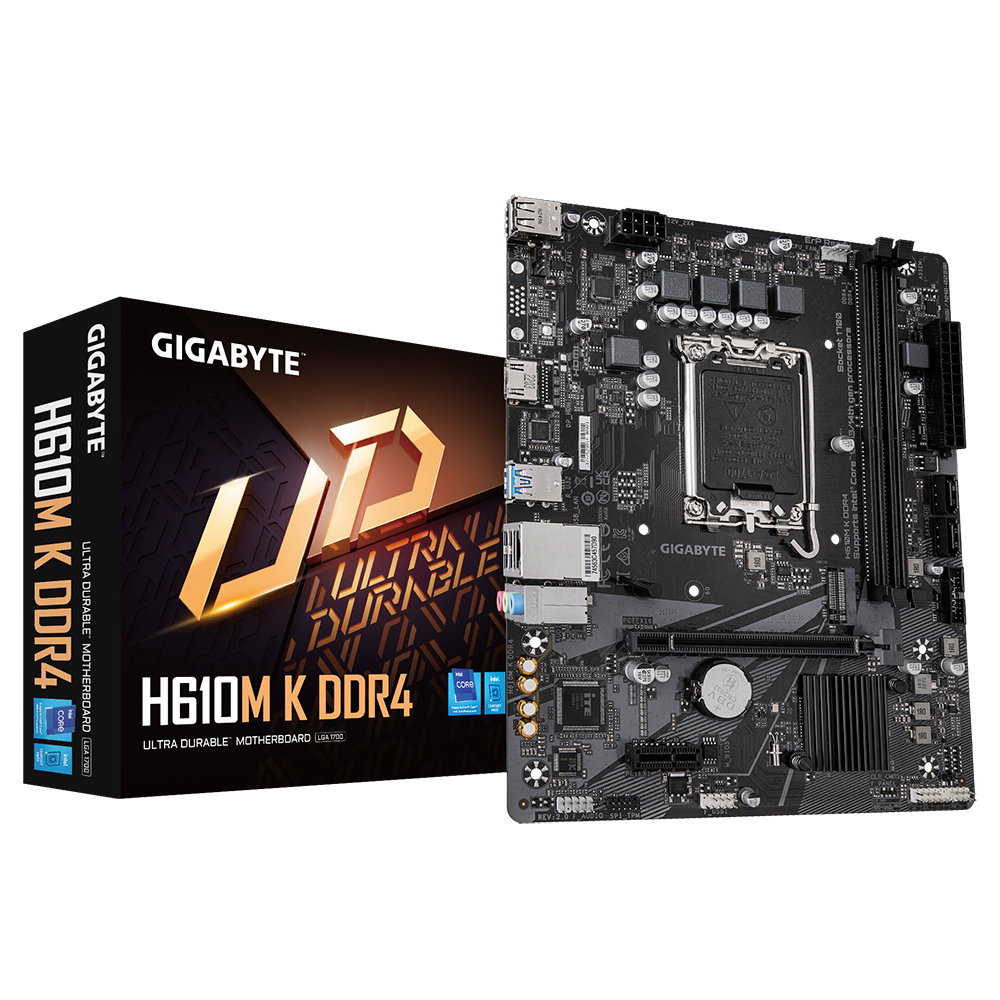 Mainboard Gigabyte H610M-K : Intel H610 ; LGA1700; 2xDDR4; 1 HDMI; Lan 1Gbps; 1x PCI x16 ; 1 M.2 PCIe 2280; 2 X Sata 6Gb; mATX; 3Y (H610M-K-DDR4-V2)