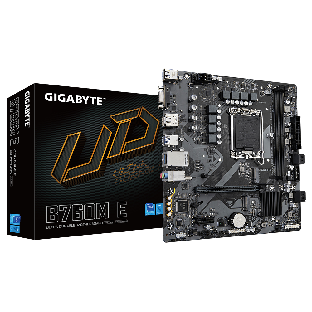 Mainboard Gigabyte B760M-E - LGA1700 (12+13+14th); 2xDDR5; 2*PCIe 4.0 x4 M.2; 4 x SATA RAID 0 1 5 10; PCIe 4.0x16 Slot; VGA + DP1.2 + HDMI2.1; Gigabit; M-ATX; 3Y; (B760M-E)