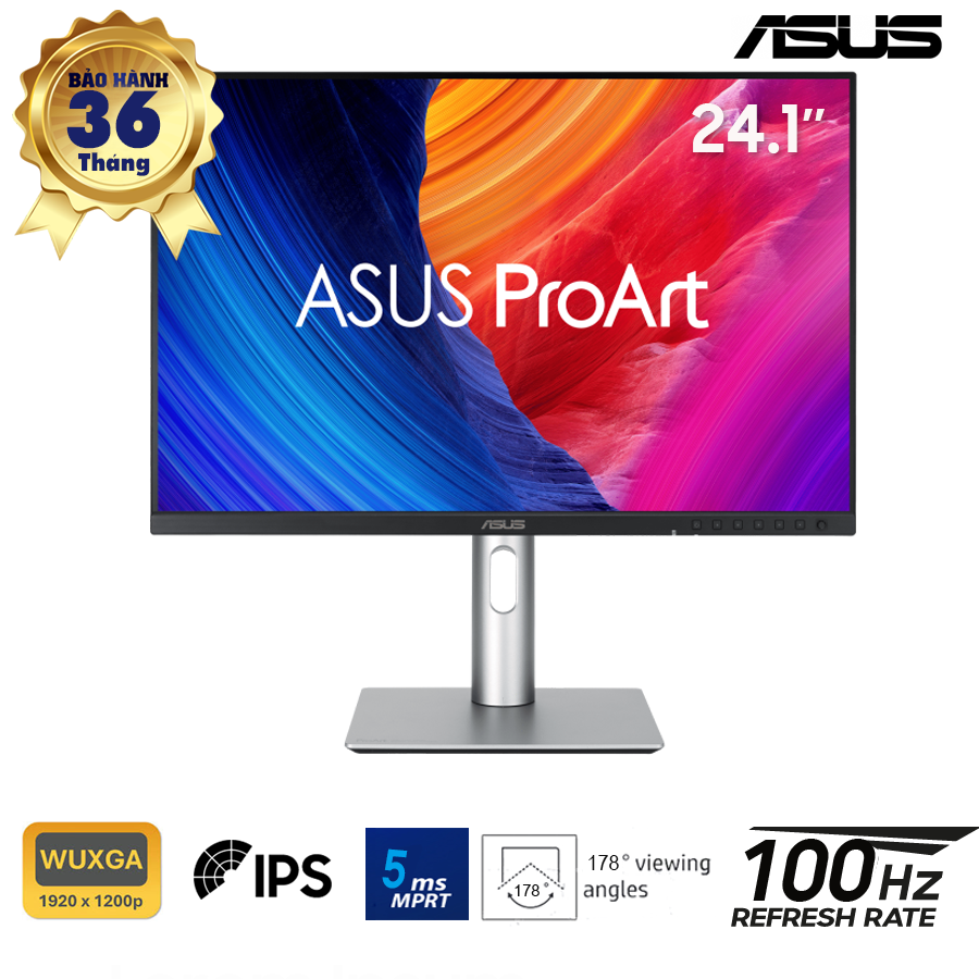 LCD 24.1-inch Asus ProArt: IPS WUXGA(1920x1200) 16:10; 350 cd/m2 nits; 100Hz; 5ms; 100% RGB; HDR10; HDMI + DP; Loa 2Wx2; Chân hơi; VESA(10x10); Cable HDMI; 3Y (PA248QFV)