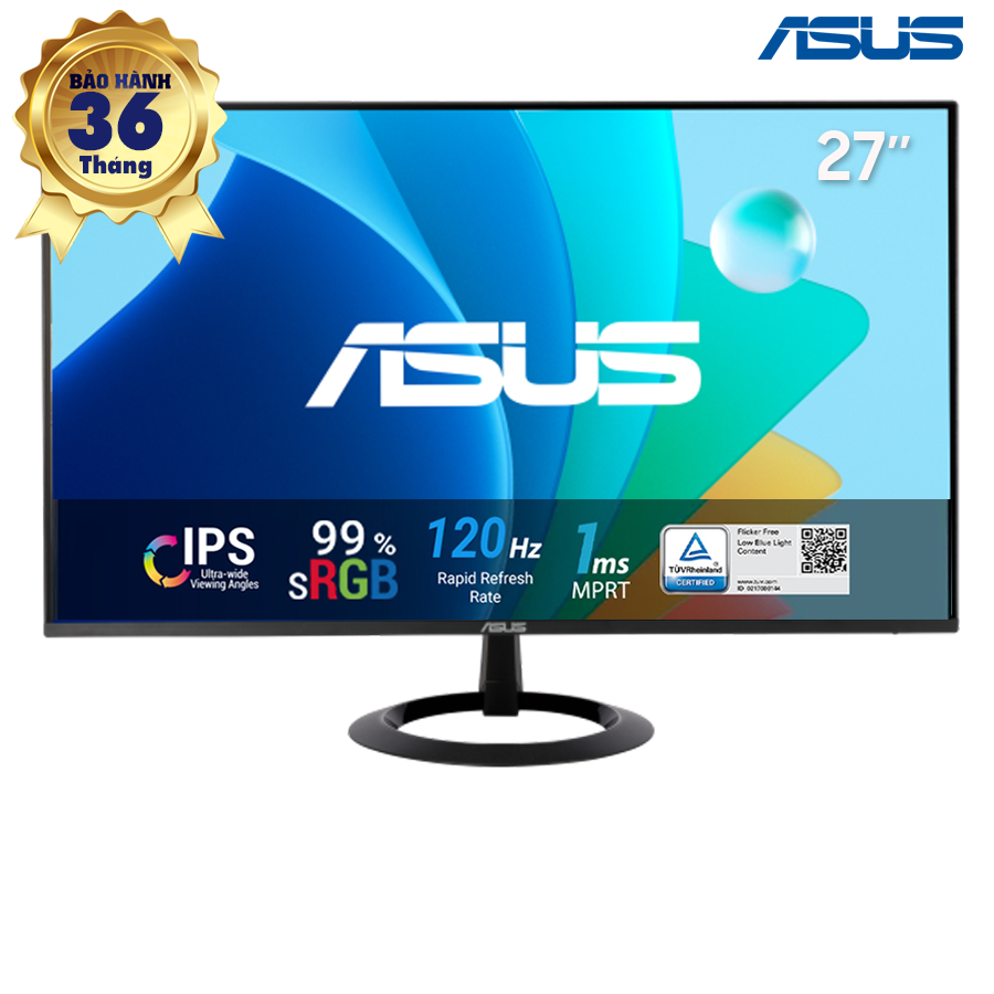 LCD 27-inch Asus Eye Care: IPS FHD(1920x1080) 16:9; 250 cd/m2 nits; 120Hz; 5ms; 99% RGB; HDMI + VGA; VESA(75x75); Cable HDMI; 3Y (VZ279HG)