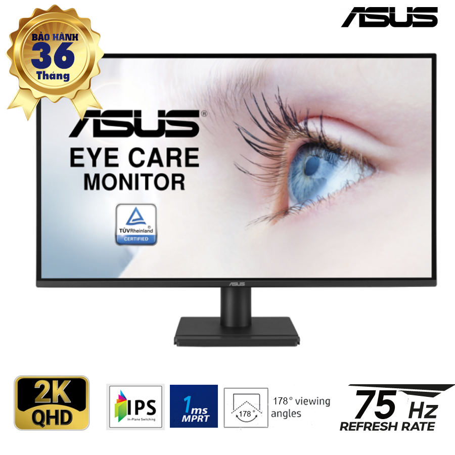 LCD 27-inch 2K Asus Eye Care; IPS QHD(2560x1440); 350cd/m2; 1ms; 75Hz; VESA 10x10; HDMI + DP + VGA; HDMI cable; 3Y(VA27AQ) Chuyển đến phần đầu của thư viện hình ảnh Chuyển đến phần đầu của thư viện hình ảnh -14%