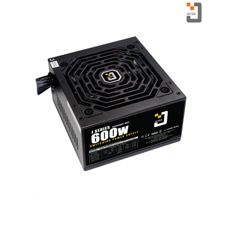 Bộ nguồn Jetek 600W J600 – P-PFC; Smart fan 120; Hiệu suất 82%; MB 20+4 500; CPU*2 4+4 700; VGA*2 6+2 700; SATA*4 700