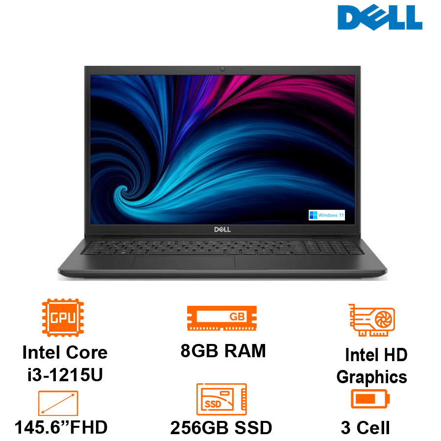 Laptop Dell Inspiron 15 3520 - Black - 15.6 FHD WVA; i3-1215U; 8GB; 256GB SSD; WF5 + BT5.0; Polyc; Win11H+ OfficeHS21; 1Y IH (I3U082W11BLU)