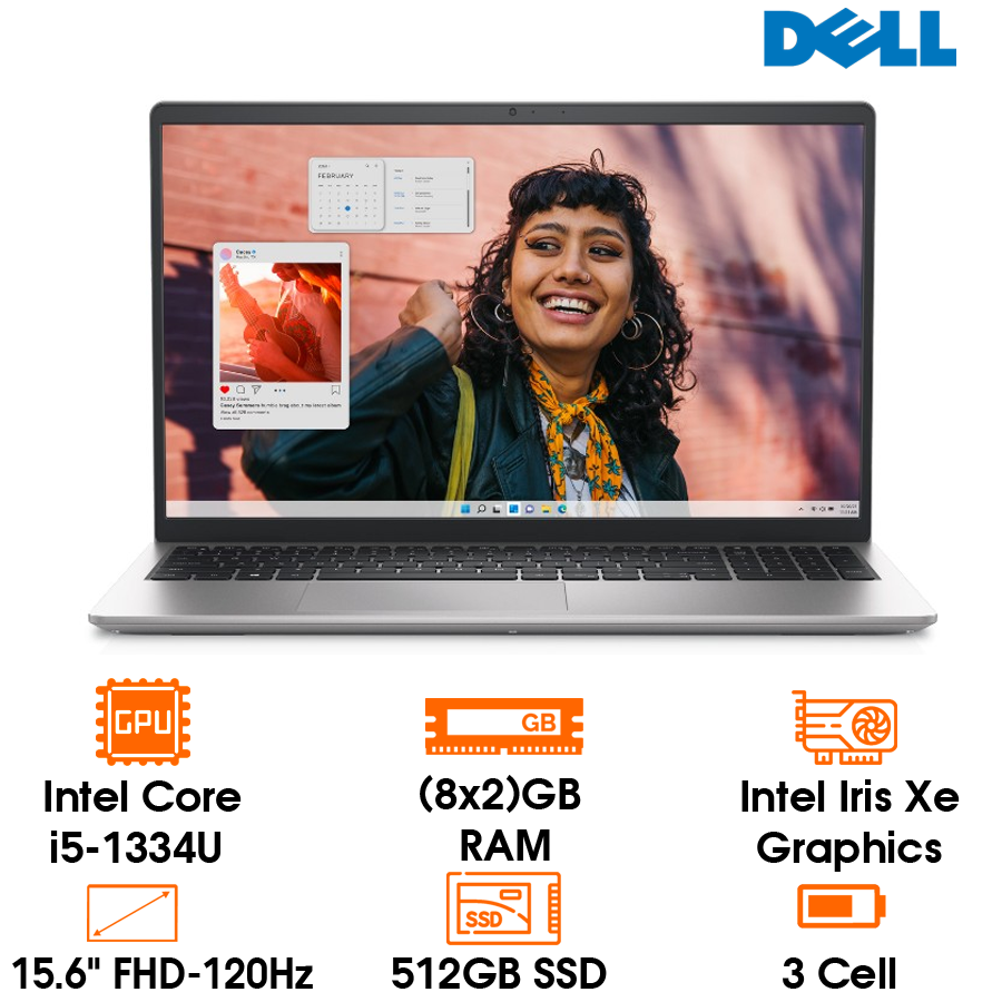 Laptop Dell Inspiron 15, i5 1334U (Up to 4.6Ghz, 12Mb Cache), 16G (2x8) DDR4, 512Gb SSD, 15.6