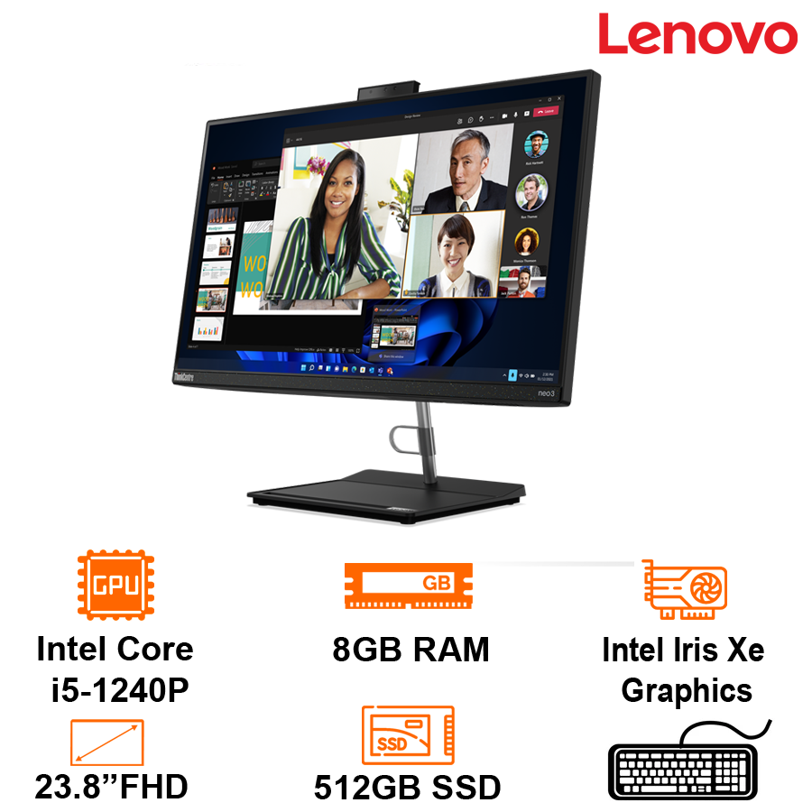 PC AIO Lenovo ThinkCentre Neo 30a 24 Gen3 -Black- 23.8 FHD;I7-1260P;8GB + 1slot; 512GB SSD; WF5+ BT5.0; K&M; HDMI+ Lan; Cam; Win10H; 1Y