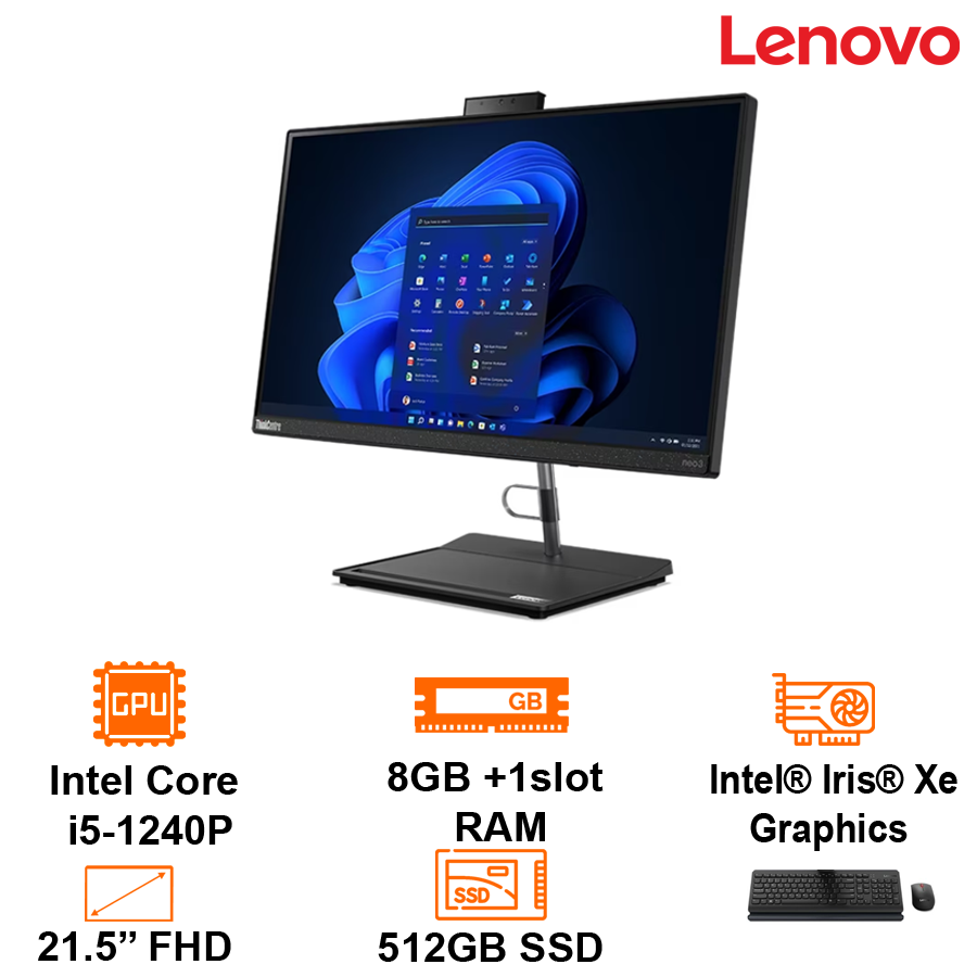 PC AIO Lenovo ThinkCentre Neo 30a 22 - Black - 21.5 FHD IPS; I5-1240P; 8GB 3200 + 1slot; 512GB SSD PCIe; Loa 3Wx2; WF5+ BT5.0; K&M; Cam 720P; Dos; 1Y Onsite