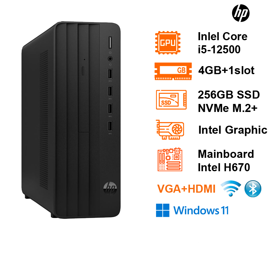 PC HP Pro SFF 280 G9 (7.8L) Intel Core I5-12500; H670; 4GB 2933Mhz + 1 Slot; 256GB SSD NVMe M.2+ 1 3.5; K&M; WF5 + BT5; 1 HDMI+ 1VGA; 180W; Win11H; 1Y (HP280-G9-72K91PA)