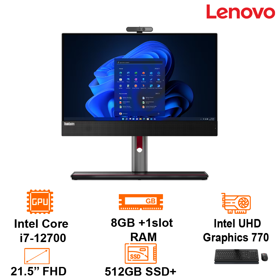 PC AIO Lenovo ThinkCentre M70a 22 Gen3 - Black- 21.5 FHD IPS; I7-12700; Q670; 8GB 3200 + 1slot; 512GB SSD PCIe +2 2.5; Loa 2Wx2; WF5+ BT5.1; K&M; HDMI + DP 1.4; Cam 5.0; VESA Mount; Dos; 1Y Onsite (11VL0003VA)