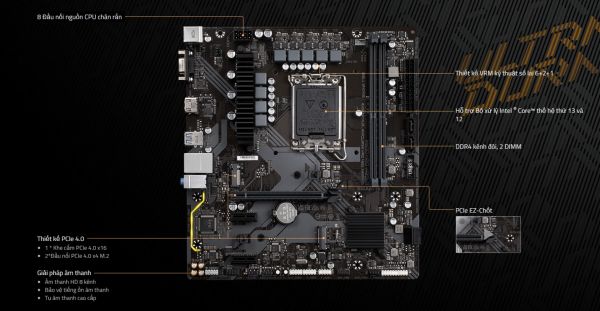 Mainboard Gigabyte -Intel B760- LGA1700(12+13+14th); 2 slot: DDR4(OC); 2x PCI Ex X1 + 1 x PCI Ex x16; 1x M.2 (PCIe 4.0) + 4xSata 6Gb/s; HD Audio 7.1; Lan 2.5Gbps; 4 x USB 2.0/1.1 + 5x USB 3.2 + 1 PS/2; 1 HDMI + 1 D-Sub; Micro ATX; SP Win10+11 64; 3Y