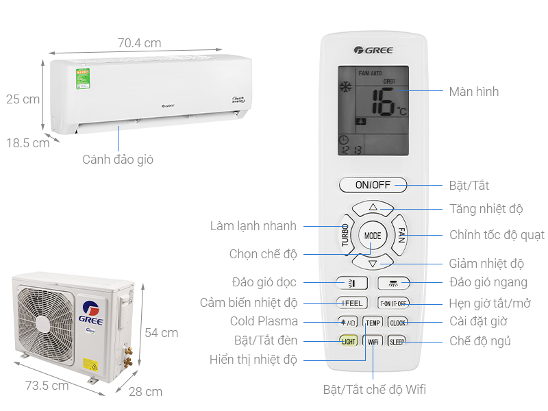 Điều Hòa Gree Pular GWC07PA-K3D0P4- Inverter 1 Chiều 7000BTU; Real Inverter; Golden Fin; G-Clean; Gas R-32; 822W (Cục Nóng) - Ảnh 1