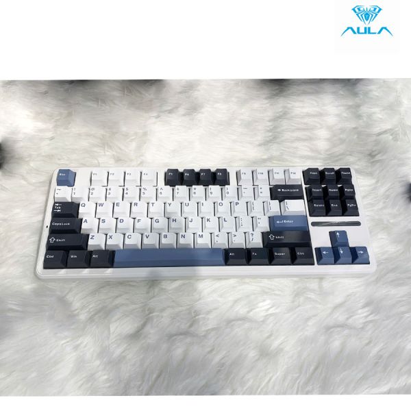 Bàn phím cơ gaming 3 MODE AULA F87- Màu ĐEN+TRẮNG+XANH DƯƠNG, 87 phím, USB Type-C- có dây, không dây 2.4G & BT, ED RGB 16 hiệu ứng ánh sáng,Grey Wood V3 Switch, Núm xoay đa chức năng, Linear,